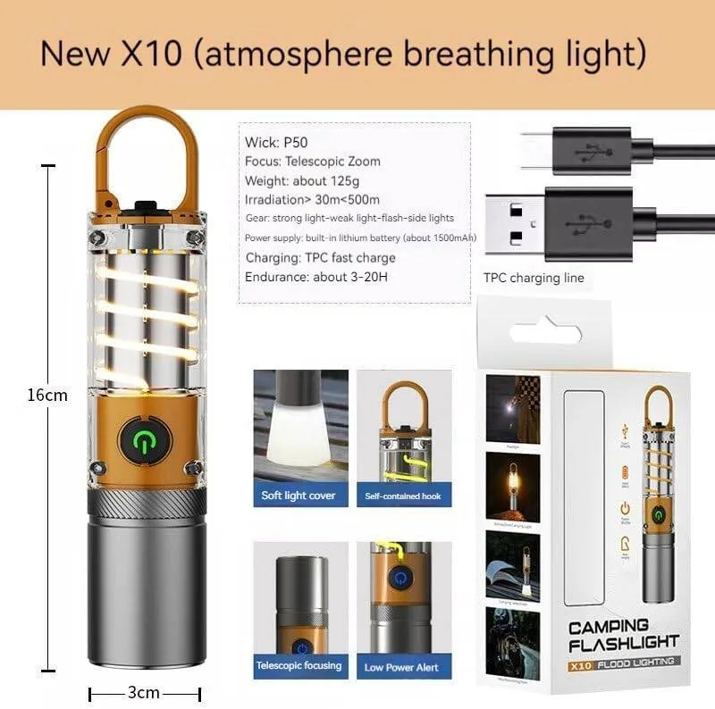 X10 Multifunctional Rechargeable Camping Flashlight & Lantern with Built-in Carabiner Hook – Waterproof LED Torch Light image 6