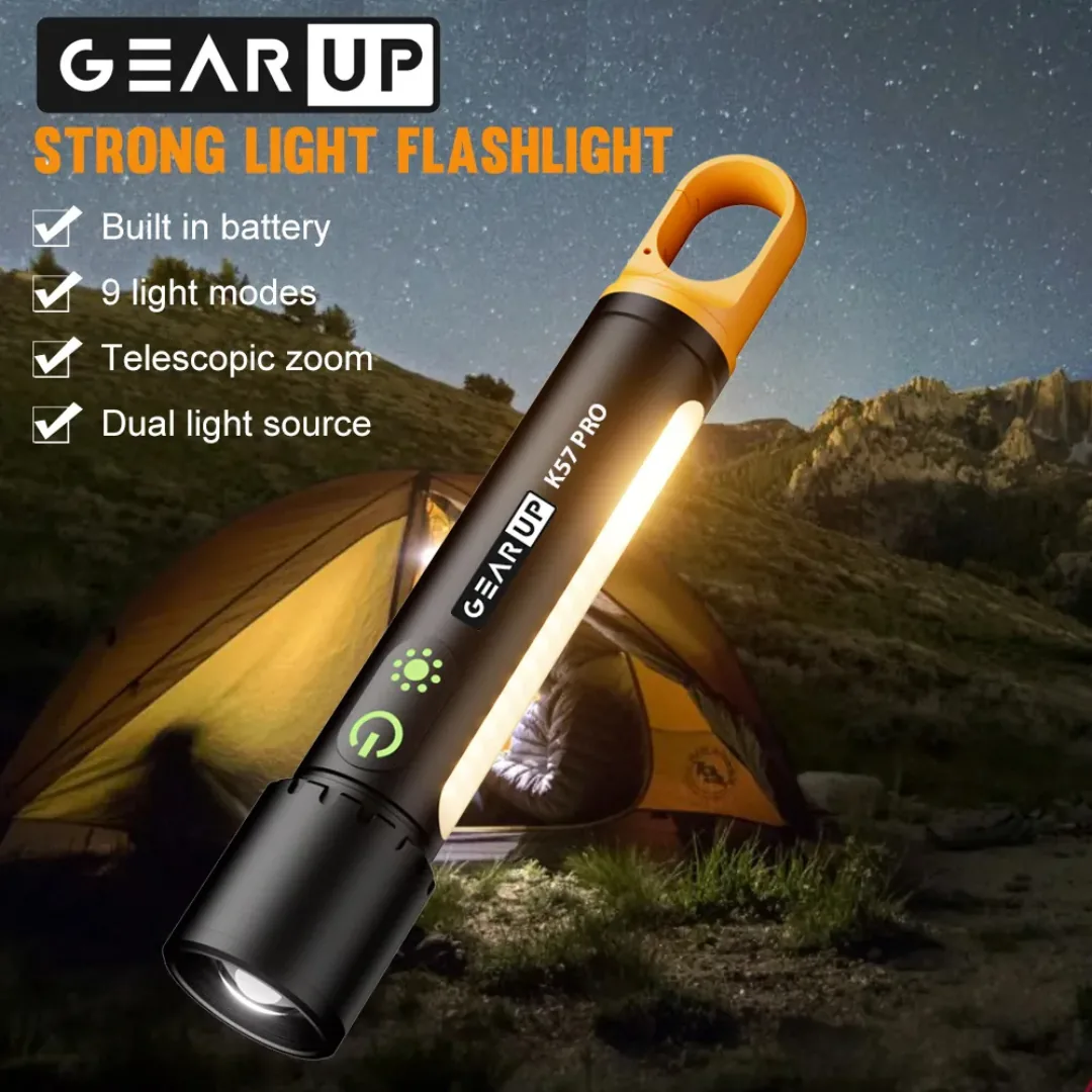 GEAR UP K57 PRO Rechargeable Strong Light Flashlight – Dual Light Source, Telescopic Zoom & 9 Light Modes